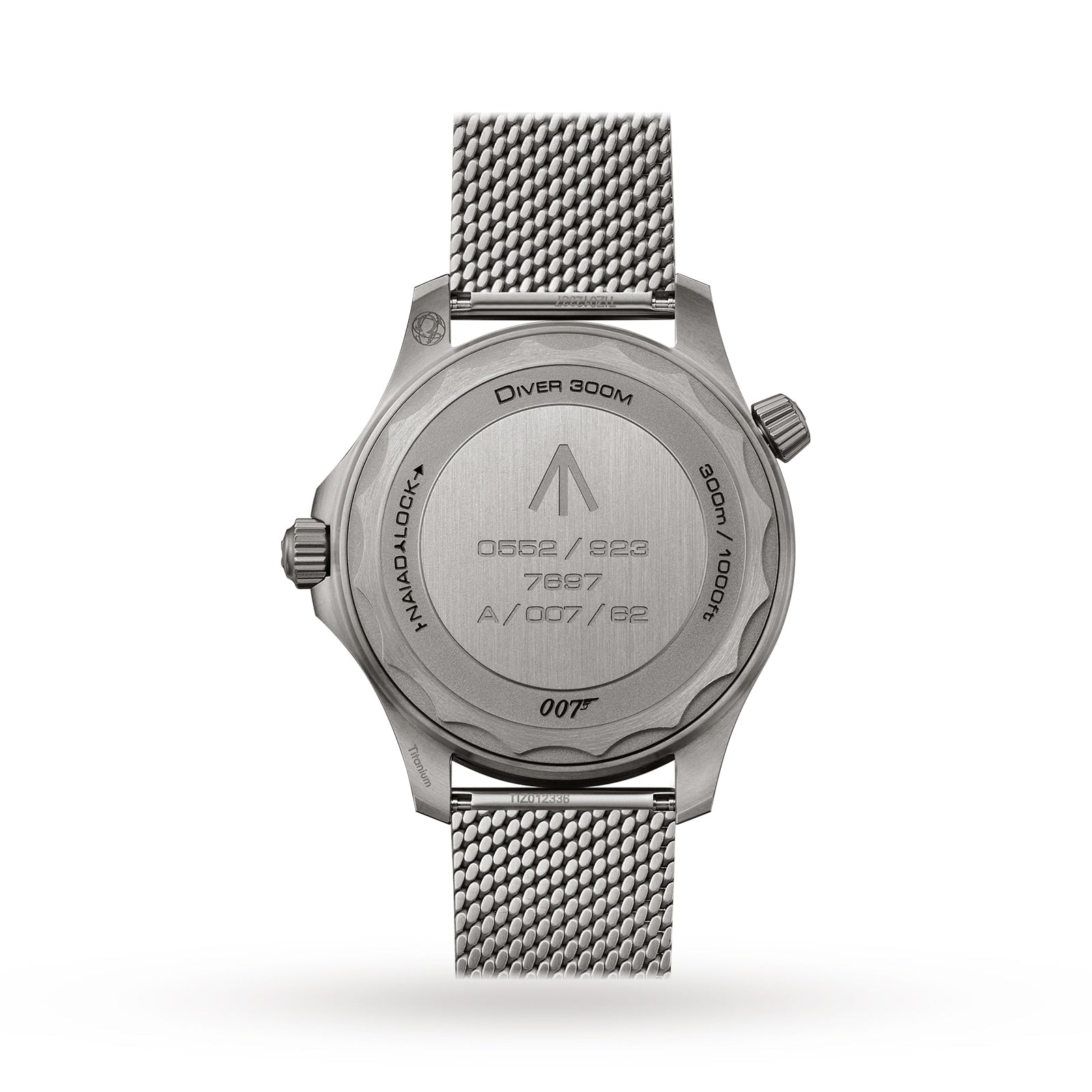 The back of the OMEGA Seamaster Diver 300M James Bond 007 Edition shows engraved details like “Diver 300M,” “OMEGA,” “007,” and serial numbers, with a mesh metal band—an iconic military-grade James Bond watch.