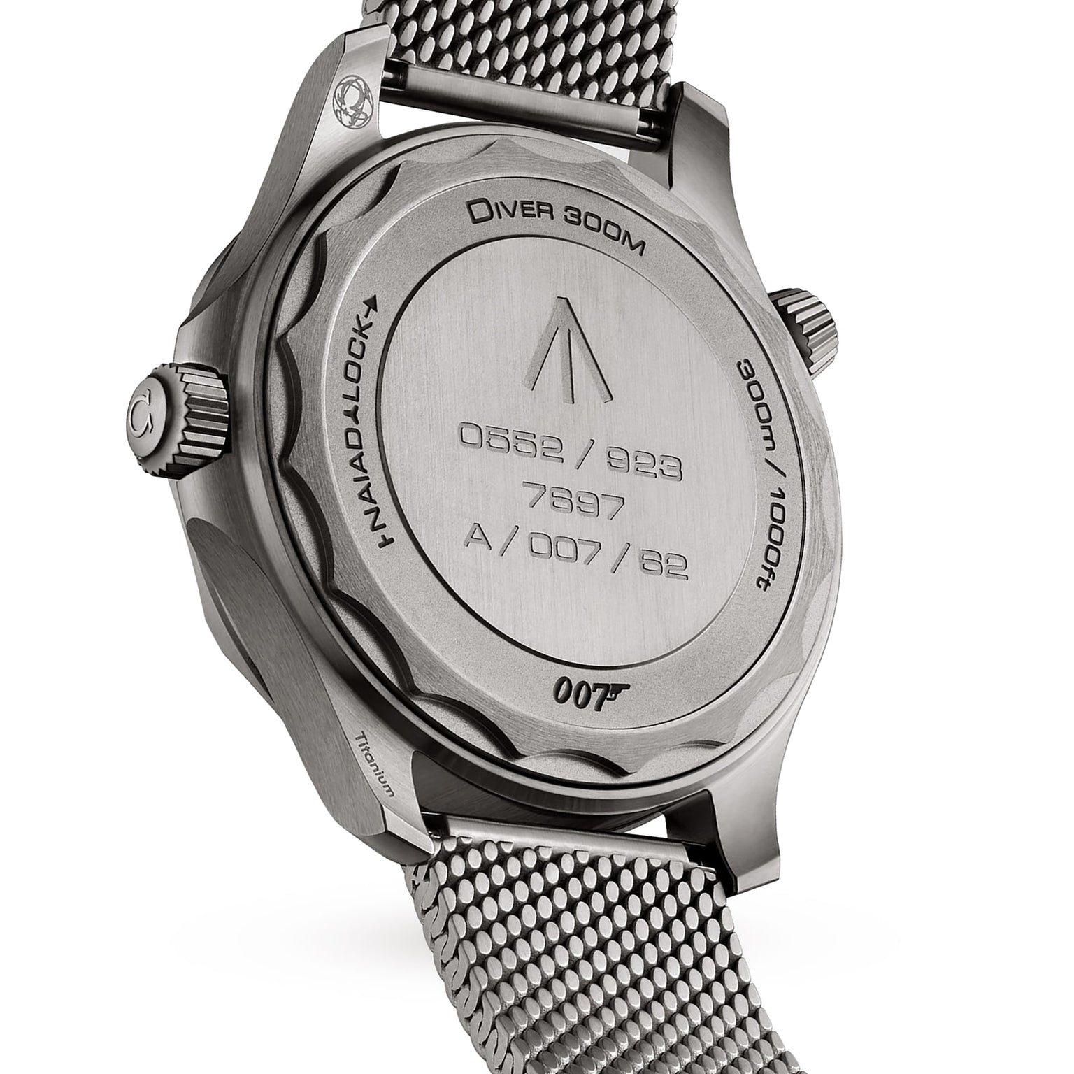 Close-up of the stainless steel caseback and mesh bracelet of the OMEGA Seamaster Diver 300M James Bond 007 Edition, a military-inspired divers watch famously worn by James Bond.