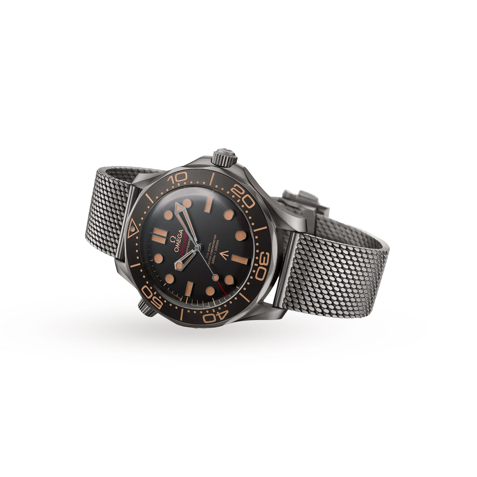 The OMEGA Seamaster Diver 300M James Bond 007 Edition, featuring a stainless steel case, black dial with orange hour markers, rotating bezel, and metal mesh strap, is showcased against a white background in iconic diver’s style.