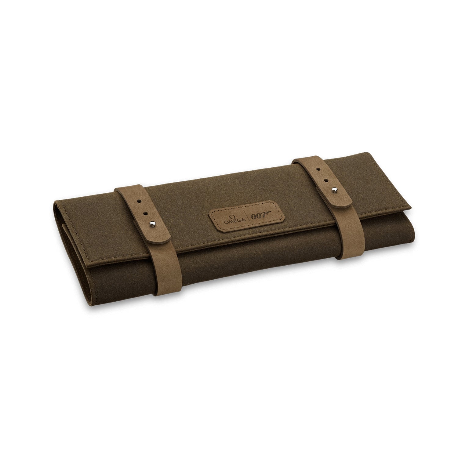A rolled-up olive green canvas case with two tan leather straps and a stitched patch embossed “Olsa 0077”—inspired by the OMEGA Seamaster Diver 300M James Bond 007 Edition’s precision and military diver watch heritage.