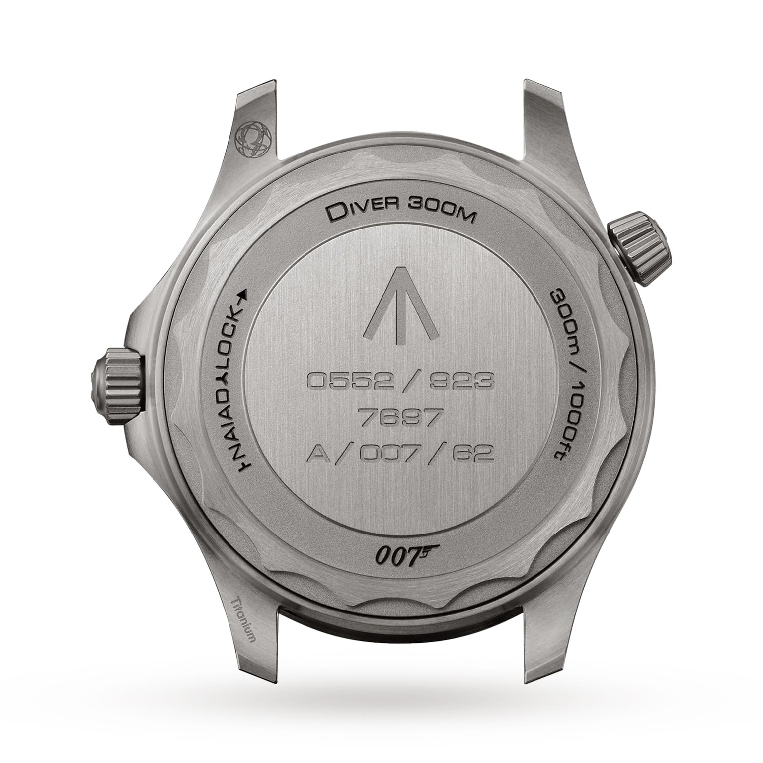 Back of the OMEGA Seamaster Diver 300M James Bond 007 Edition watch in titanium, engraved with military-style markings, Diver 300M, water resistance details, and iconic 007 branding.