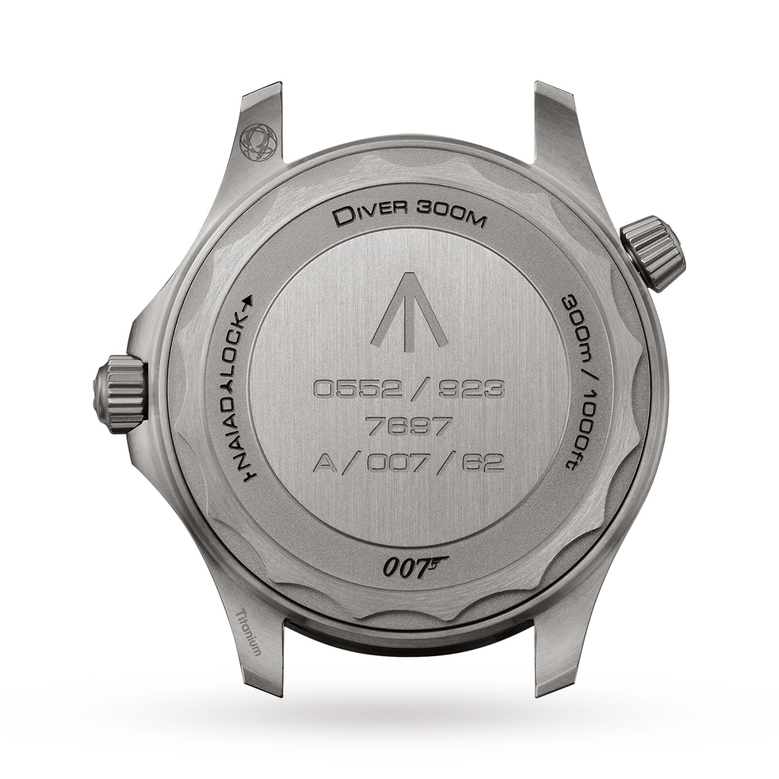 Back of the OMEGA Seamaster Diver 300M James Bond 007 Edition watch in titanium, engraved with military-style markings, Diver 300M, water resistance details, and iconic 007 branding.
