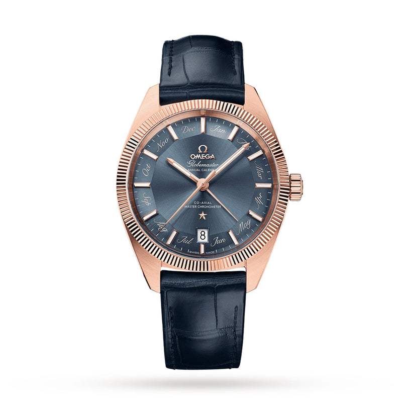 A luxury OMEGA Constellation Globemaster watch featuring a blue dial, 18K Sedna™ gold case, Roman numerals, Annual Calendar display, and a blue leather strap.