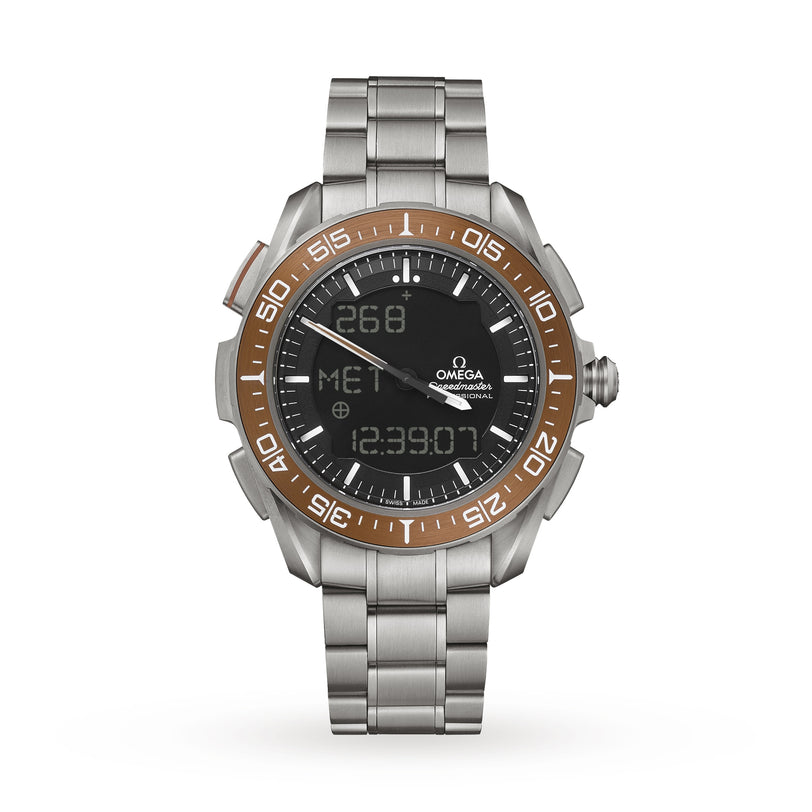 An OMEGA Speedmaster X‑33 Marstimer wristwatch in stainless steel features a brown bezel, analog hands, and a digital display showing time, text, and numbers on a white background.