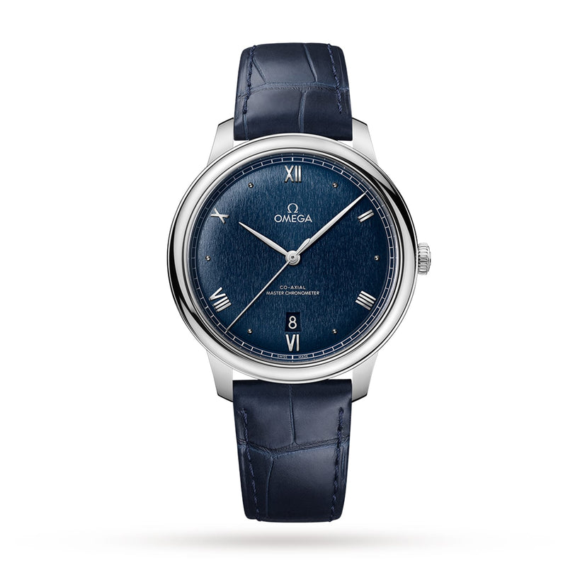 The OMEGA De Ville Prestige features a silver case, blue textured dial with Roman numerals, date at 6 oclock, blue leather strap, and is powered by the Co-Axial Master Chronometer Calibre 8800 movement.
