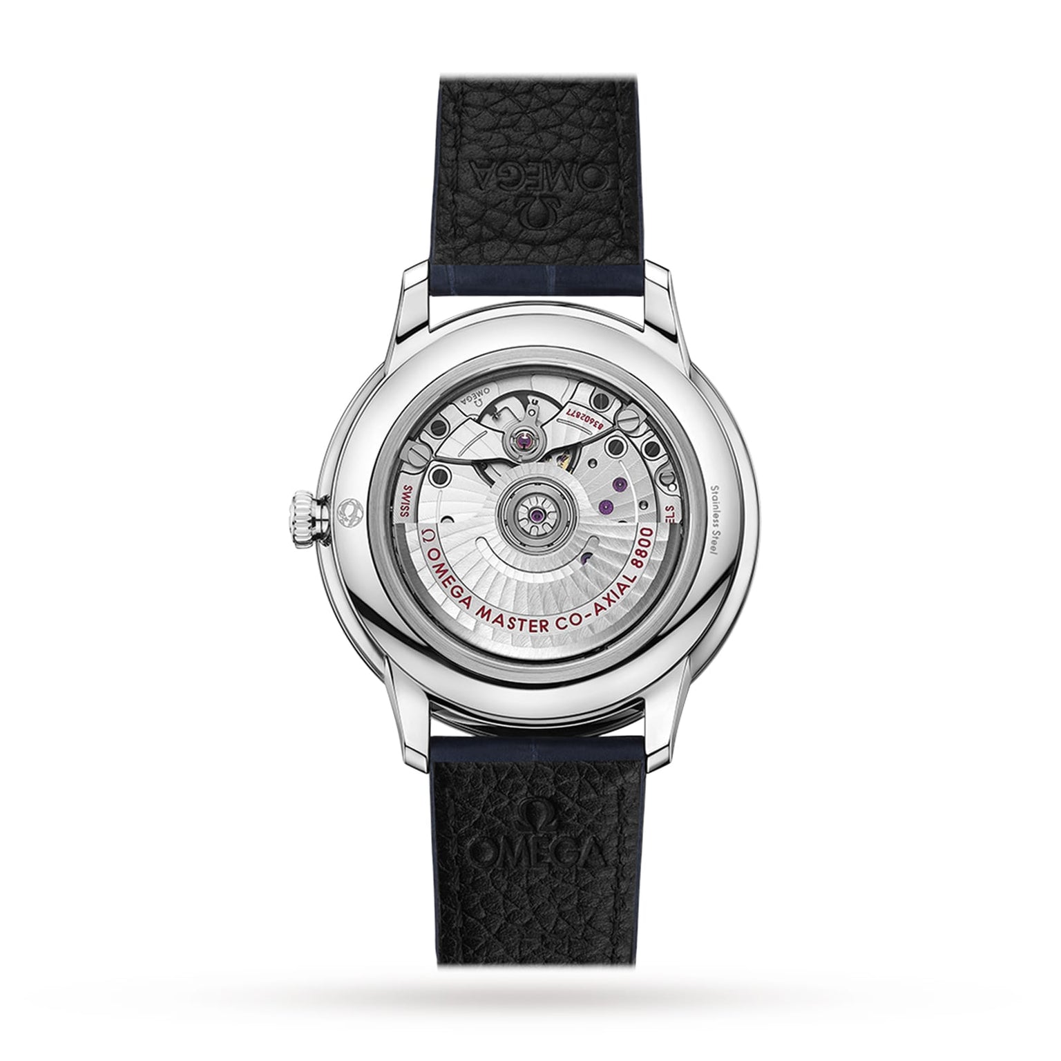 The back view of the OMEGA De Ville Prestige wristwatch reveals its exposed Co-Axial 8800 calibre, a transparent case back, and a textured black strap.