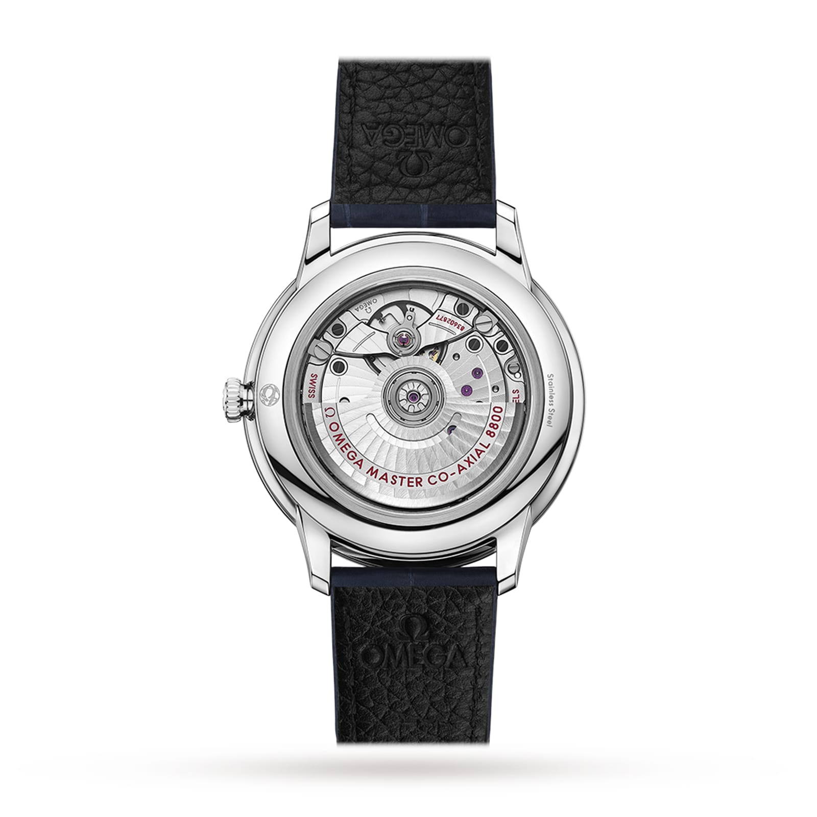 The back view of the OMEGA De Ville Prestige wristwatch reveals its exposed Co-Axial 8800 calibre, a transparent case back, and a textured black strap.