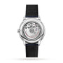 The back view of the OMEGA De Ville Prestige wristwatch reveals its exposed Co-Axial 8800 calibre, a transparent case back, and a textured black strap.