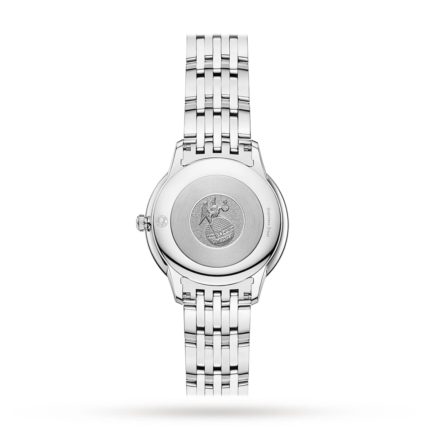Back view of the OMEGA De Ville Prestige showing a silver stainless steel case, metal link bracelet, and an engraved emblem on the case back.