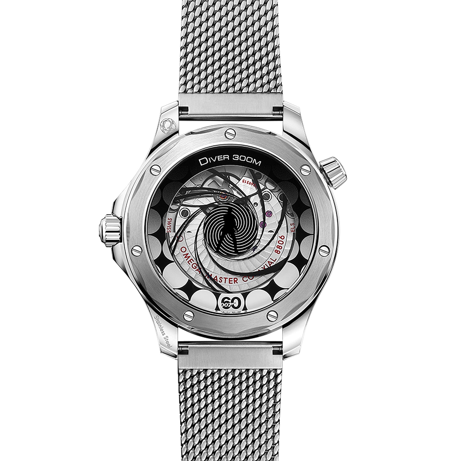 Back view of the OMEGA Seamaster Diver 300M James Bond 007 60th Anniversary watch with a mesh strap and transparent case displaying the Master Co-Axial 8806 movement and signature spiral design.