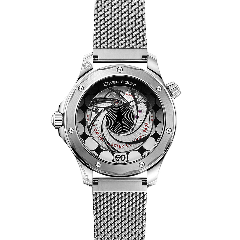 Back view of the OMEGA Seamaster Diver 300M James Bond 007 60th Anniversary watch with a mesh strap and transparent case displaying the Master Co-Axial 8806 movement and signature spiral design.