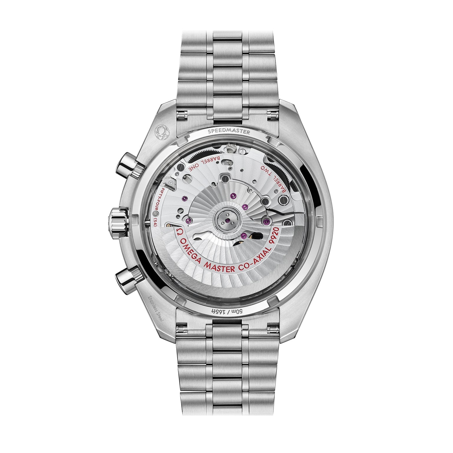 Back view of the OMEGA Speedmaster Super Racing, showcasing its visible mechanical movement through a transparent case back.