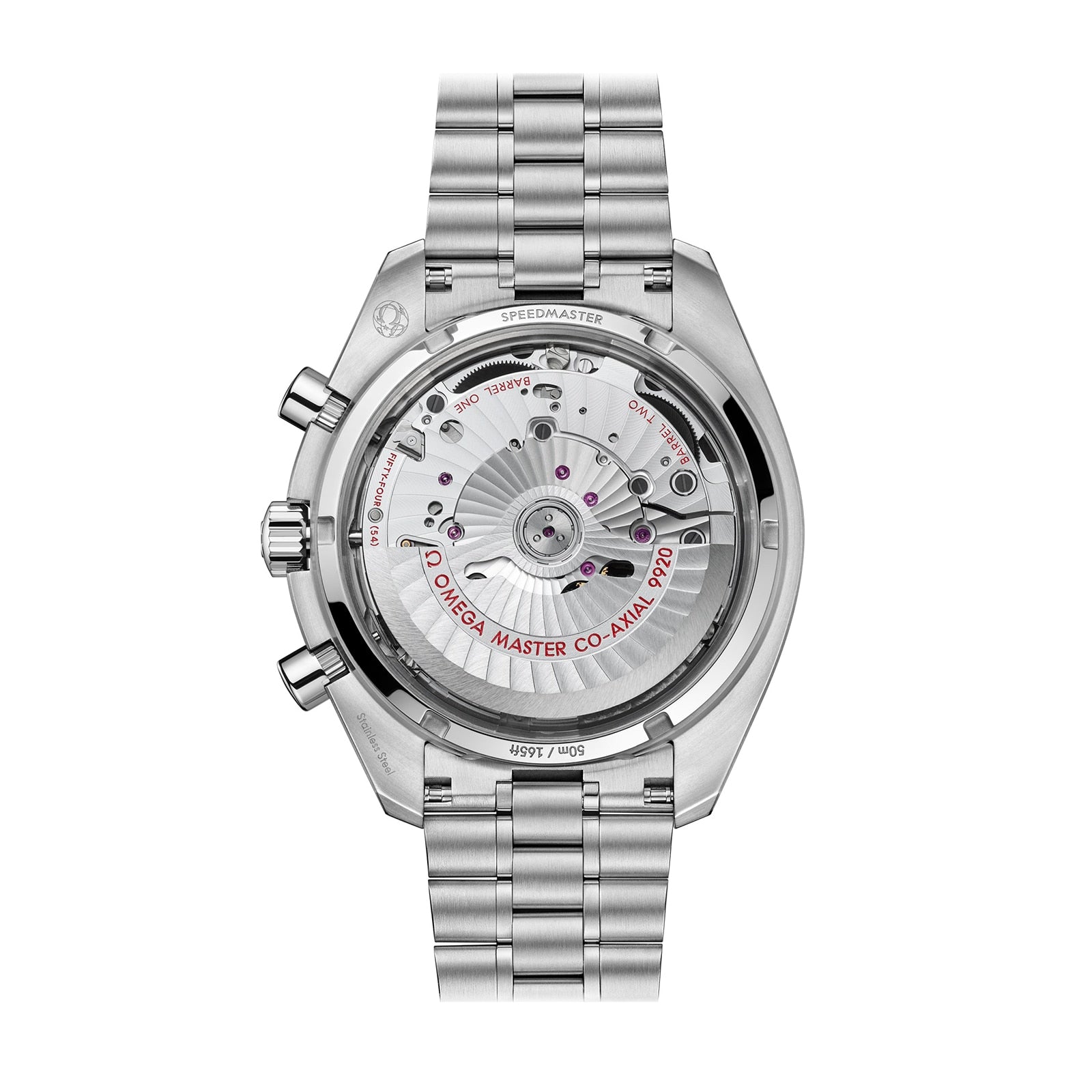 Back view of the OMEGA Speedmaster Super Racing, showcasing its visible mechanical movement through a transparent case back.