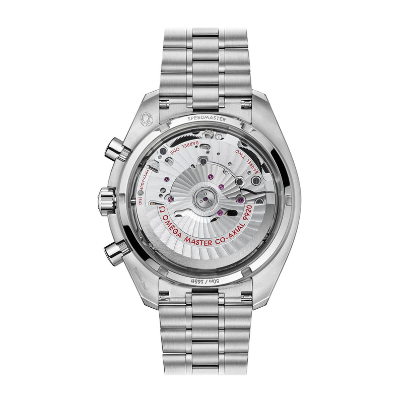 Back view of the OMEGA Speedmaster Super Racing, showcasing its visible mechanical movement through a transparent case back.