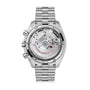 Back view of the OMEGA Speedmaster Super Racing, showcasing its visible mechanical movement through a transparent case back.