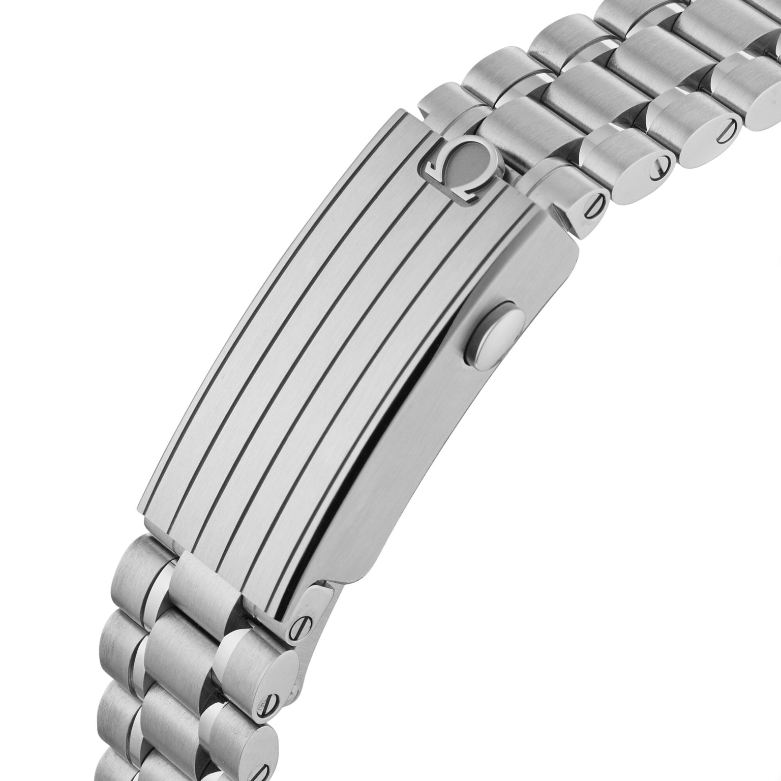 Close-up of a stainless steel clasp with an engraved OMEGA logo and parallel grooves, attached to the metal link bracelet of the OMEGA Speedmaster Super Racing—a striking luxury watch detail.