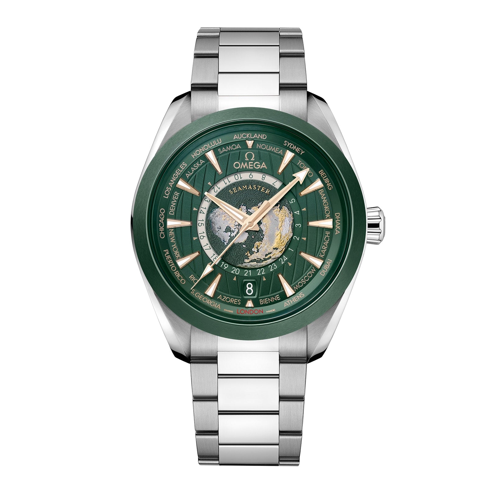 An OMEGA Seamaster Aqua Terra 150M wristwatch featuring a stainless steel case, green bezel, world map dial with city names around the edge, and a silver metal bracelet.