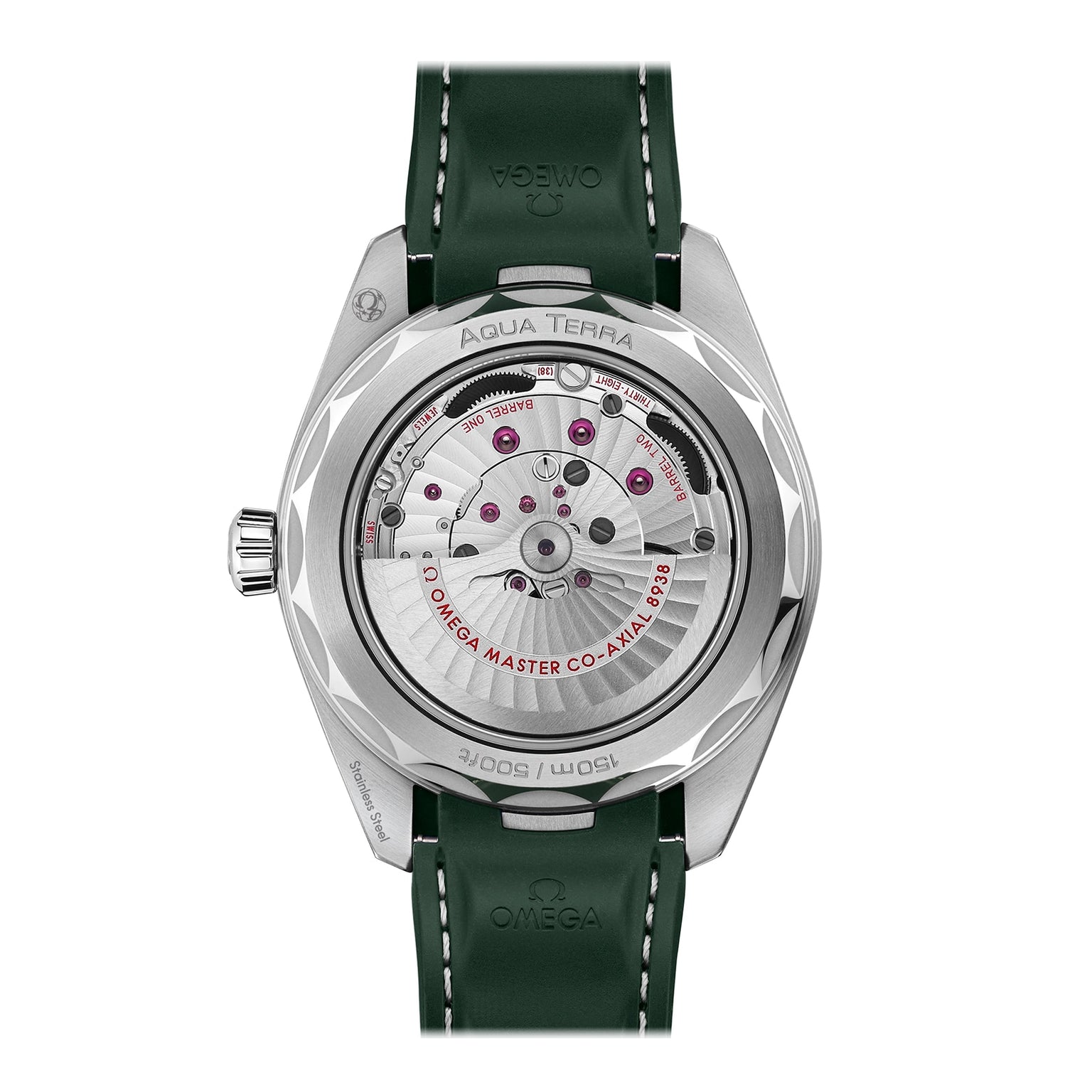 The back view of the OMEGA Seamaster Aqua Terra 150M showcases its detailed exposed mechanical movement and a green leather strap, reflecting the refined craftsmanship characteristic of the Worldtimer collection.