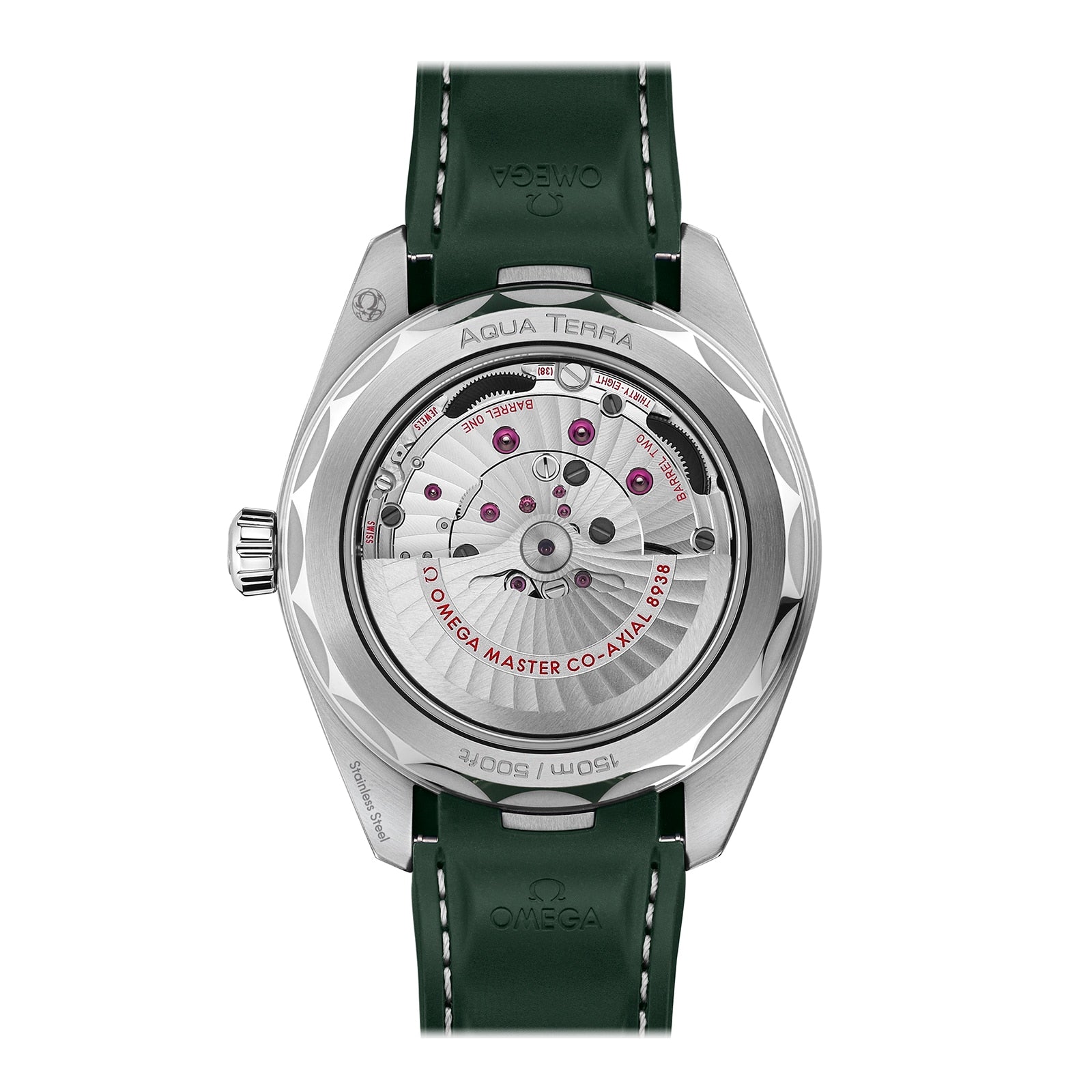The back view of the OMEGA Seamaster Aqua Terra 150M showcases its detailed exposed mechanical movement and a green leather strap, reflecting the refined craftsmanship characteristic of the Worldtimer collection.
