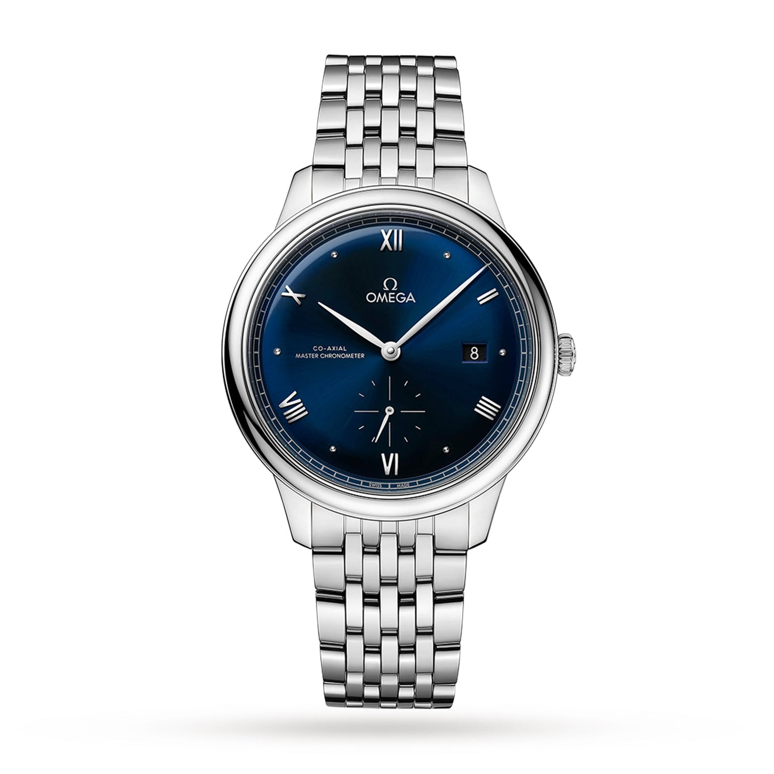 The OMEGA De Ville Prestige wristwatch features a blue dial with Roman numerals, date at 3 o’clock, OMEGA Master Co-Axial Calibre 8802, and a stainless steel bracelet—a timeless example of classical design.