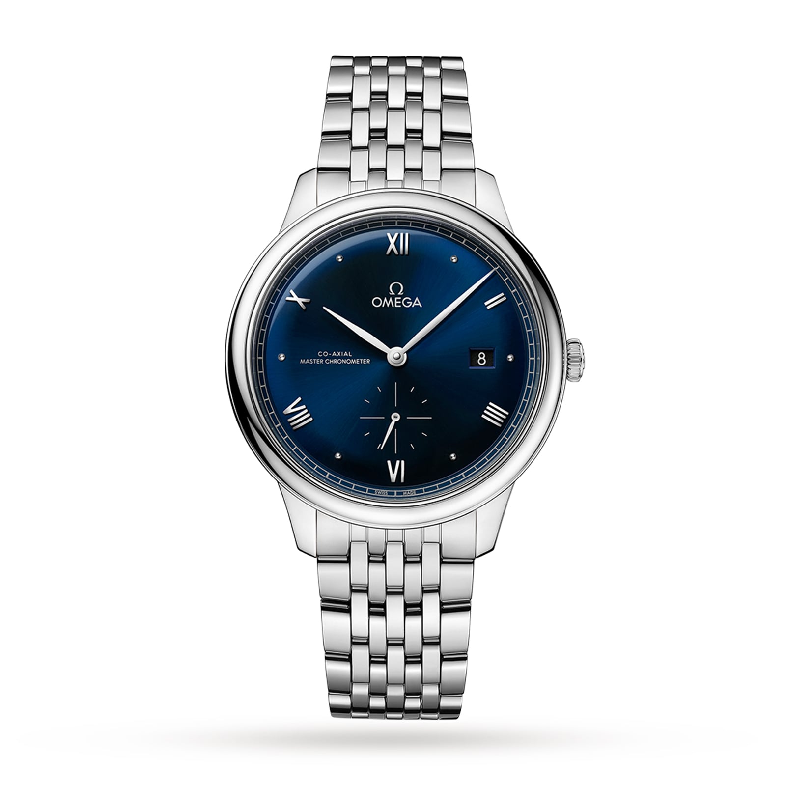 The OMEGA De Ville Prestige wristwatch features a blue dial with Roman numerals, date at 3 o’clock, OMEGA Master Co-Axial Calibre 8802, and a stainless steel bracelet—a timeless example of classical design.