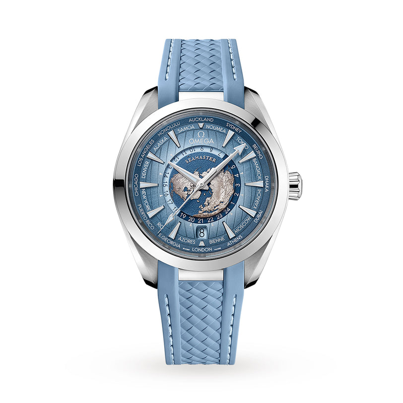 The OMEGA Seamaster Aqua Terra 150M features a blue textured dial with a world map, city names on the edge, stainless steel case, and matching blue rubber strap.