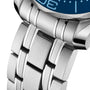 Close-up of the OMEGA Seamaster Diver 300M Summer Blue, featuring a stainless steel bracelet and case with brushed and polished finishes, plus a bold Summer Blue dial—crafted to Master Chronometer standards.