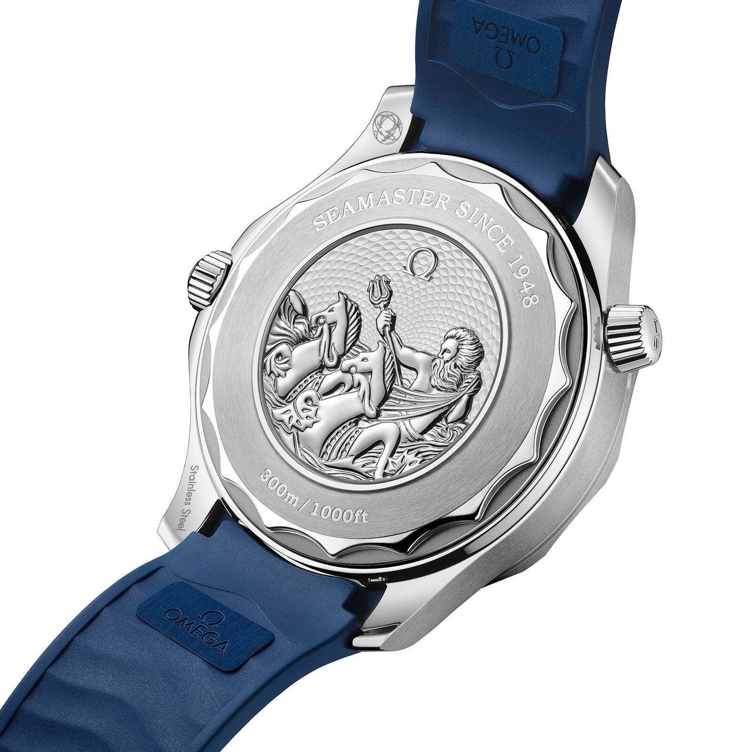 Close-up of the OMEGA Seamaster Diver 300M Summer Blue caseback, featuring an engraved Poseidon and sea creatures, SEAMASTER SINCE 1948 and 300m/1000ft markings, a blue strap, and Master Chronometer certification.