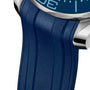 Close-up of an OMEGA Seamaster Diver 300M Summer Blue, showing its textured blue rubber strap connected to the stainless steel case and part of the Master Chronometer dial.
