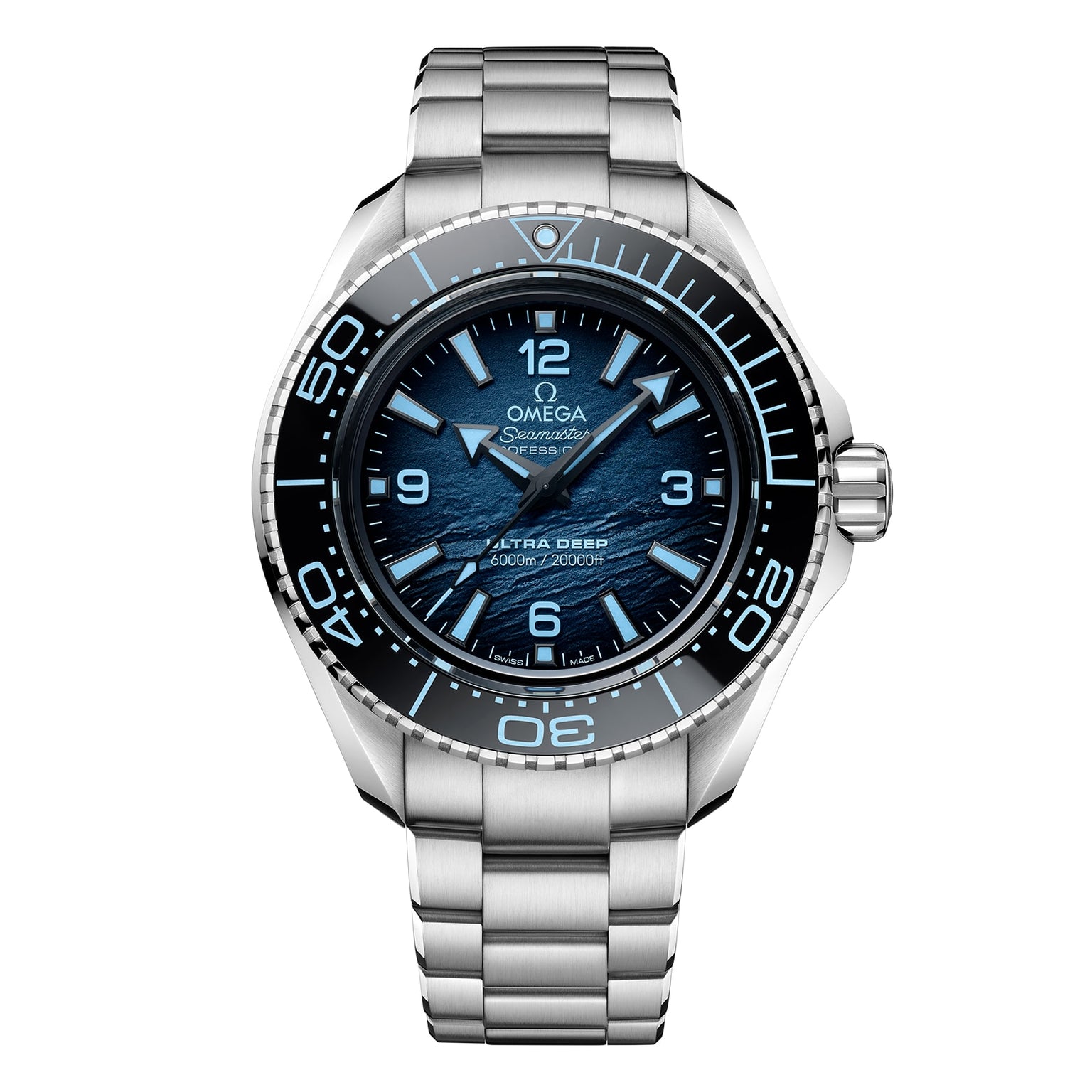 The OMEGA Seamaster Planet Ocean 6000M in O-MEGASTEEL features a blue gradient dial, silver markers, and a metal bracelet—an iconic choice among saturation divers watches.