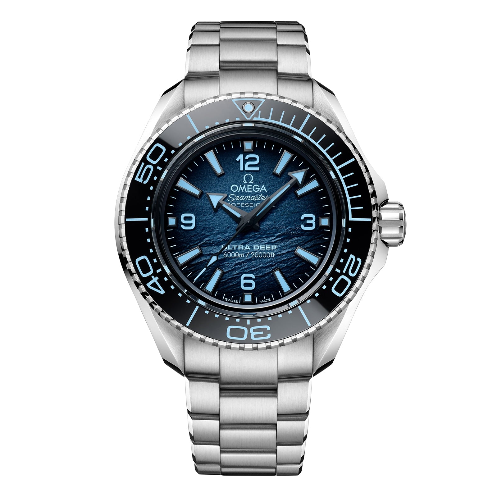 The OMEGA Seamaster Planet Ocean 6000M in O-MEGASTEEL features a blue gradient dial, silver markers, and a metal bracelet—an iconic choice among saturation divers watches.
