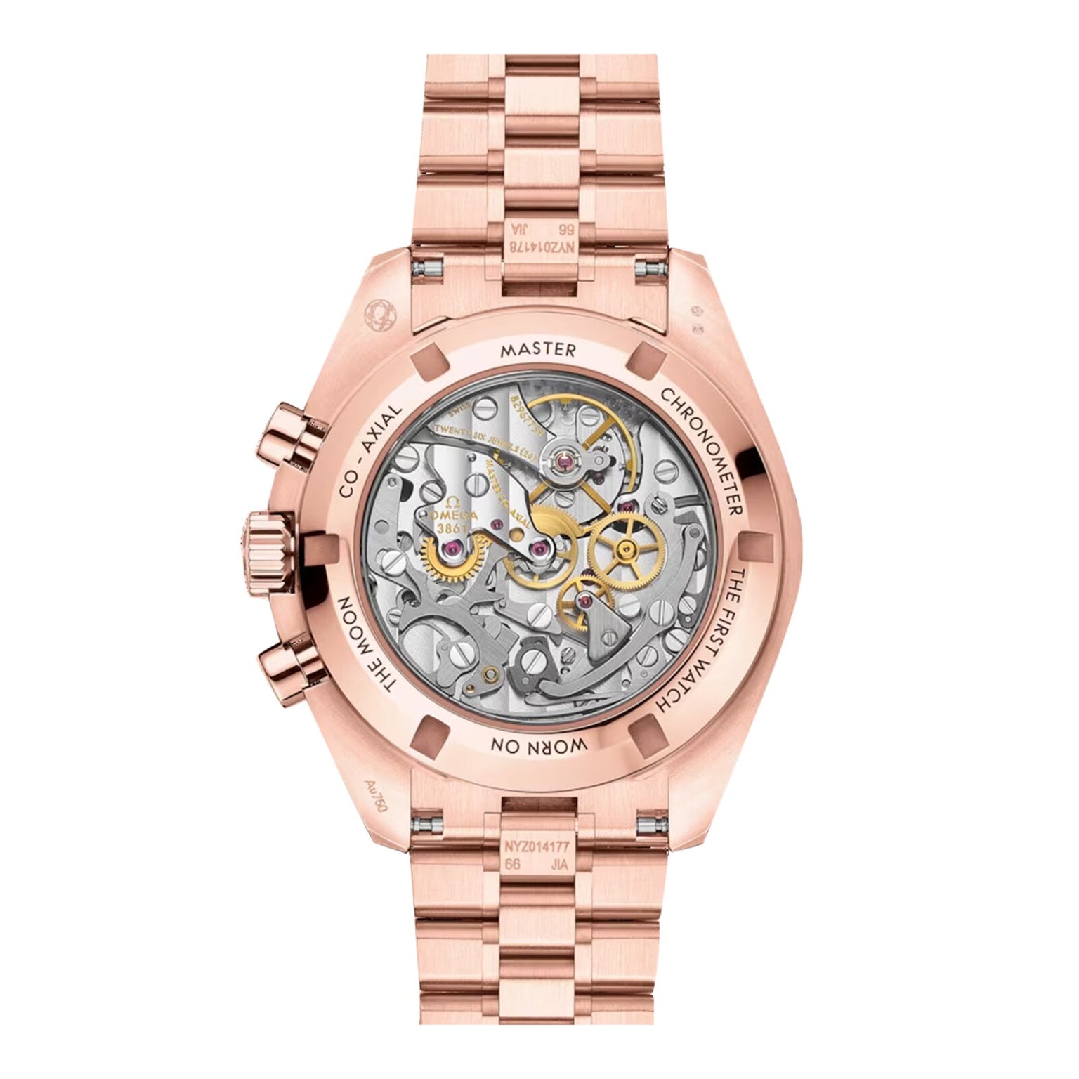 The OMEGA Speedmaster Moonwatch Professional in 18K Sedna Gold features a rose gold case, a transparent caseback displaying the Co-Axial Master Chronometer Calibre 3861, and engraved text around the edge.