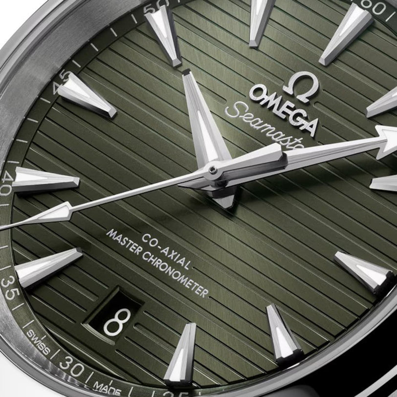 A close-up of the OMEGA Seamaster Aqua Terra 150M, highlighting its refined design and subtle references to maritime heritage.