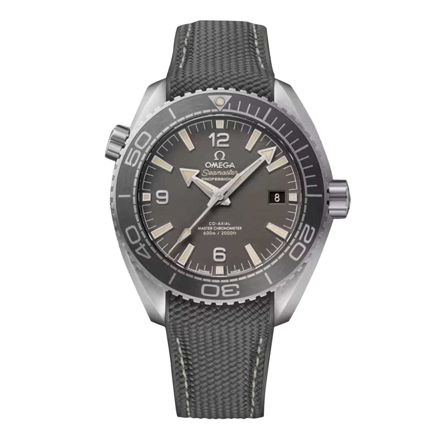 A close-up of the OMEGA Seamaster Planet Ocean 600M dive watch featuring a black dial, rotating bezel, date display, and black textured strap. This certified Master Chronometer blends precision with iconic style.