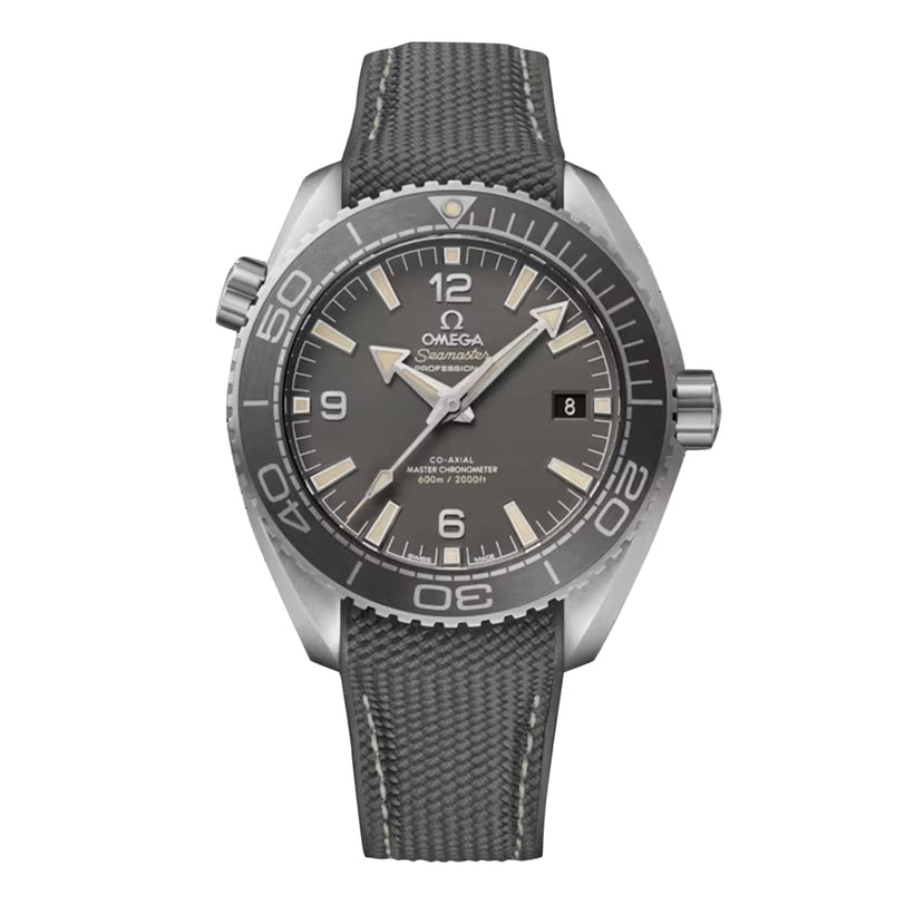 A close-up of the OMEGA Seamaster Planet Ocean 600M dive watch featuring a black dial, rotating bezel, date display, and black textured strap. This certified Master Chronometer blends precision with iconic style.