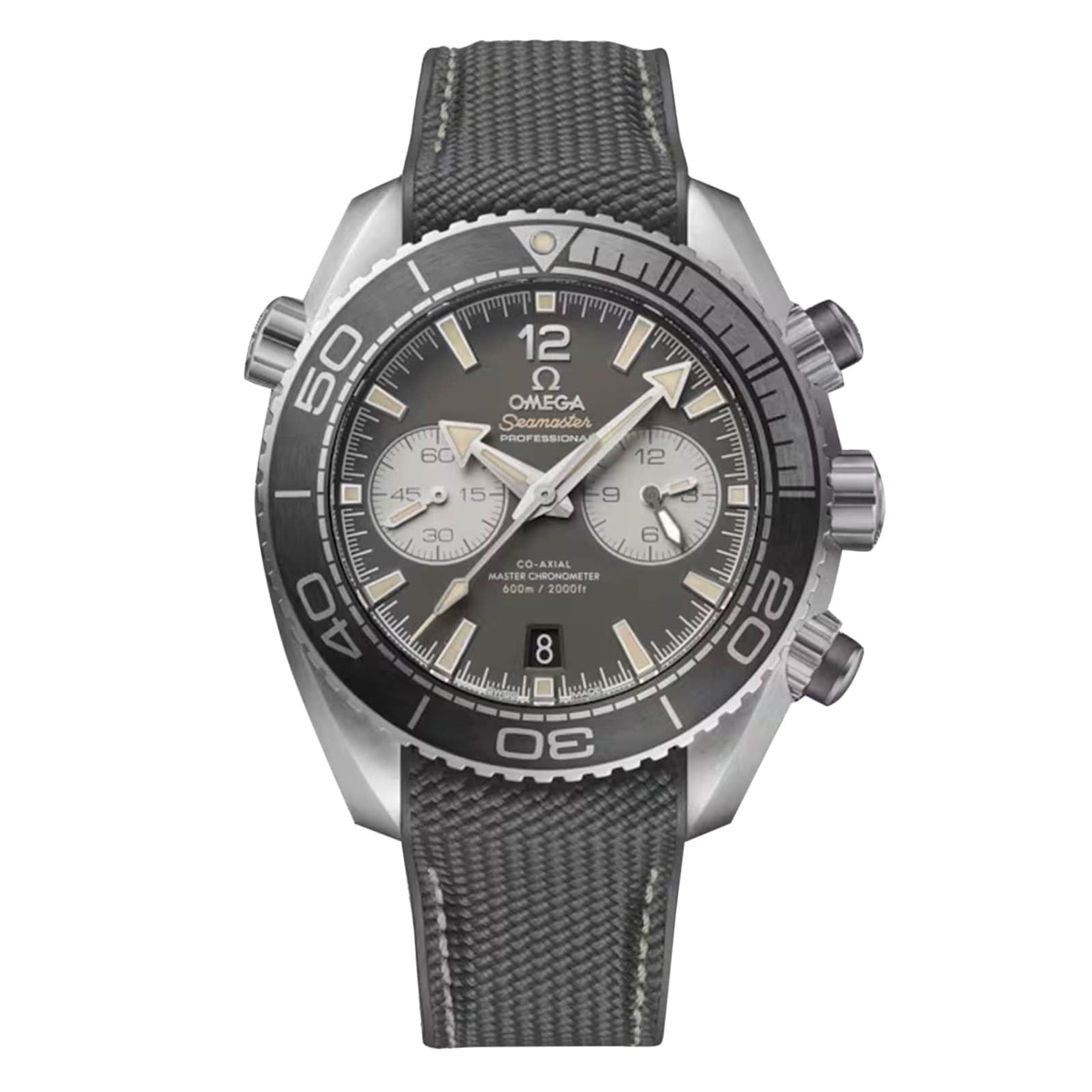 The OMEGA Seamaster Planet Ocean 600M features a black and gray dial with three subdials, luminous hands, a rotating bezel, and a textured black strap.