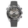 The OMEGA Seamaster Planet Ocean 600M features a black and gray dial with three subdials, luminous hands, a rotating bezel, and a textured black strap.