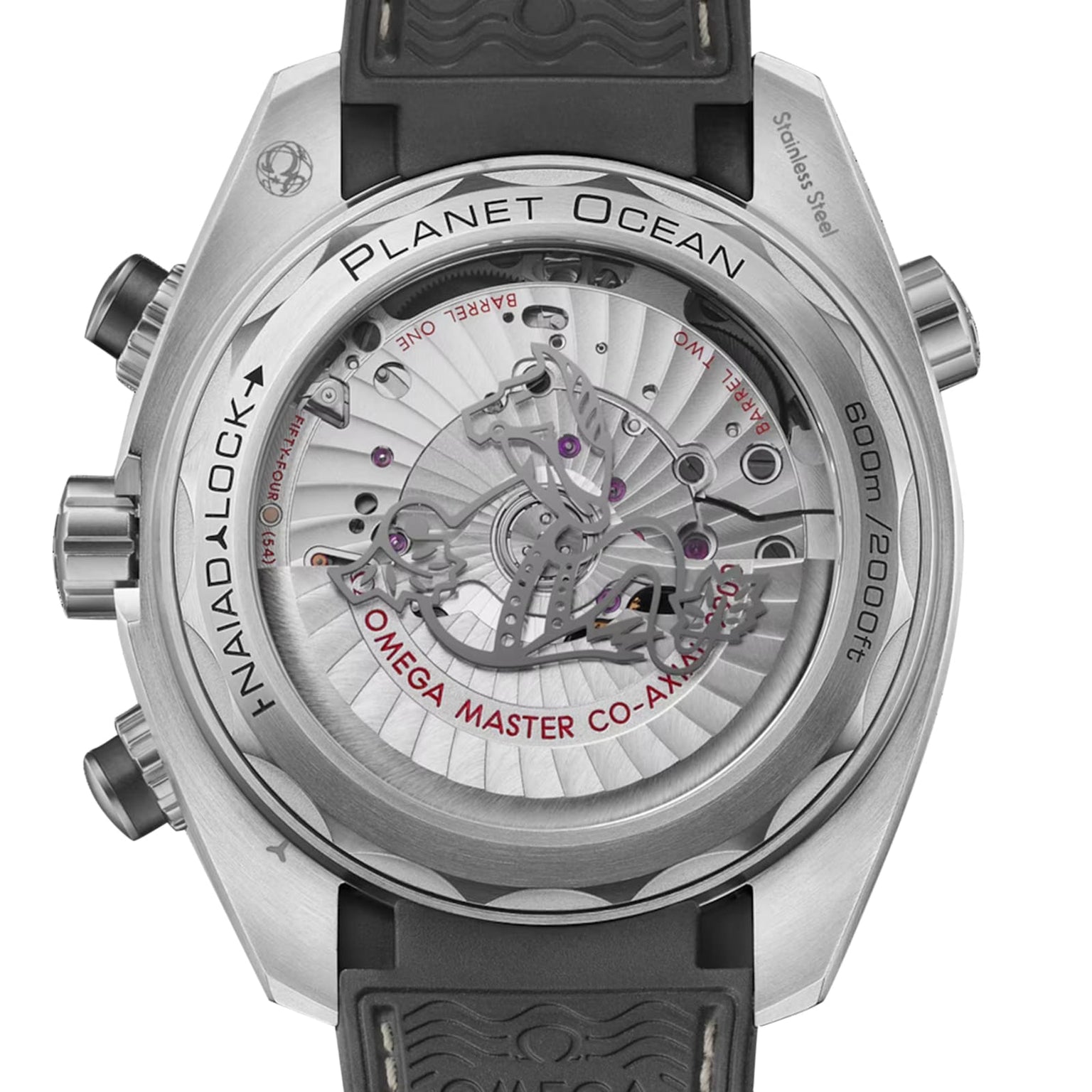 Close-up of the OMEGA Seamaster Planet Ocean 600M showing its Master Chronometer movement visible through the transparent case back.