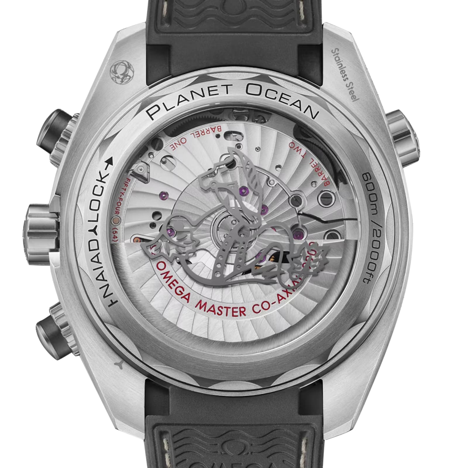 Close-up of the OMEGA Seamaster Planet Ocean 600M showing its Master Chronometer movement visible through the transparent case back.