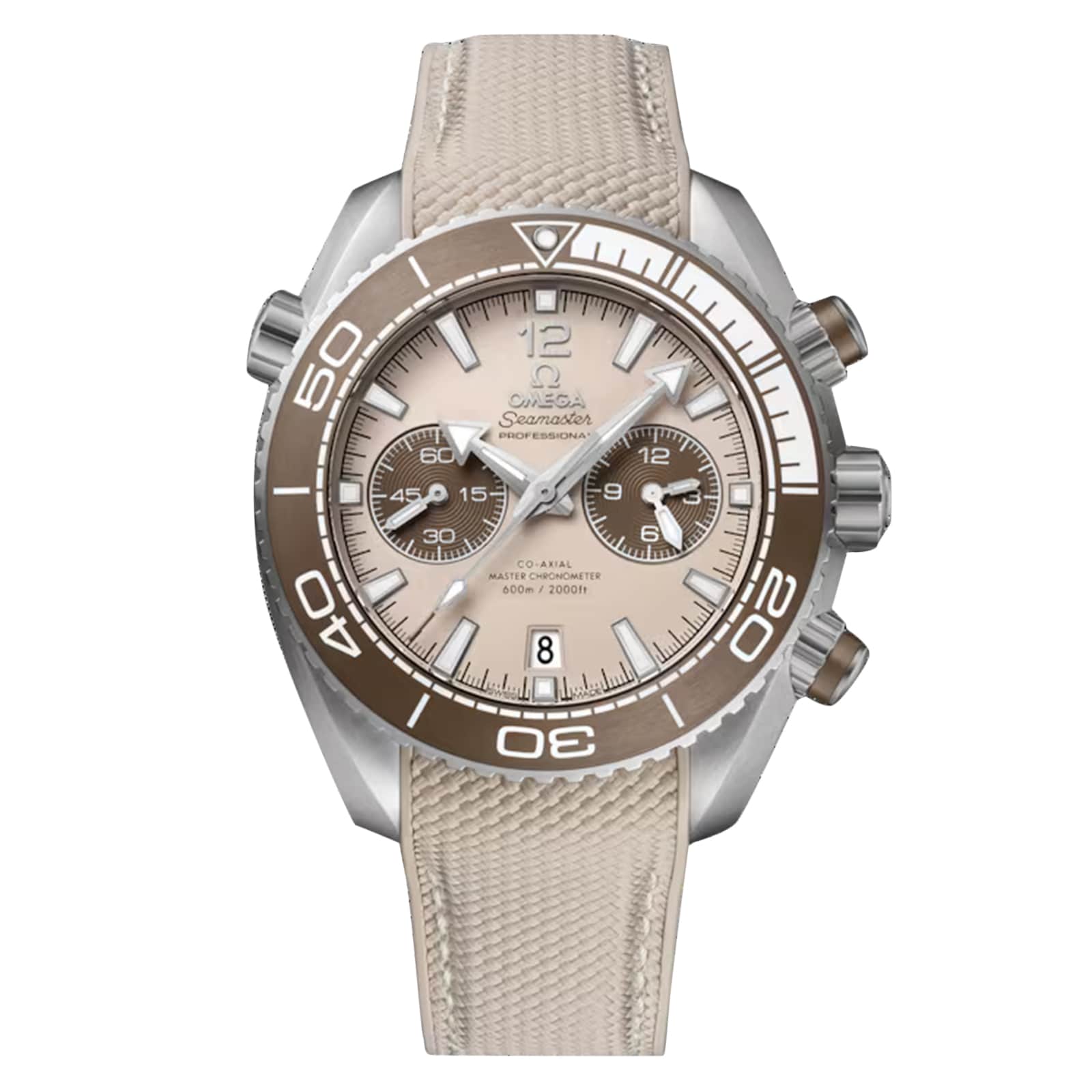 An OMEGA Seamaster Planet Ocean 600M chronograph featuring a beige dial, brown bezel, beige fabric strap, and three subdials is displayed against a white background.