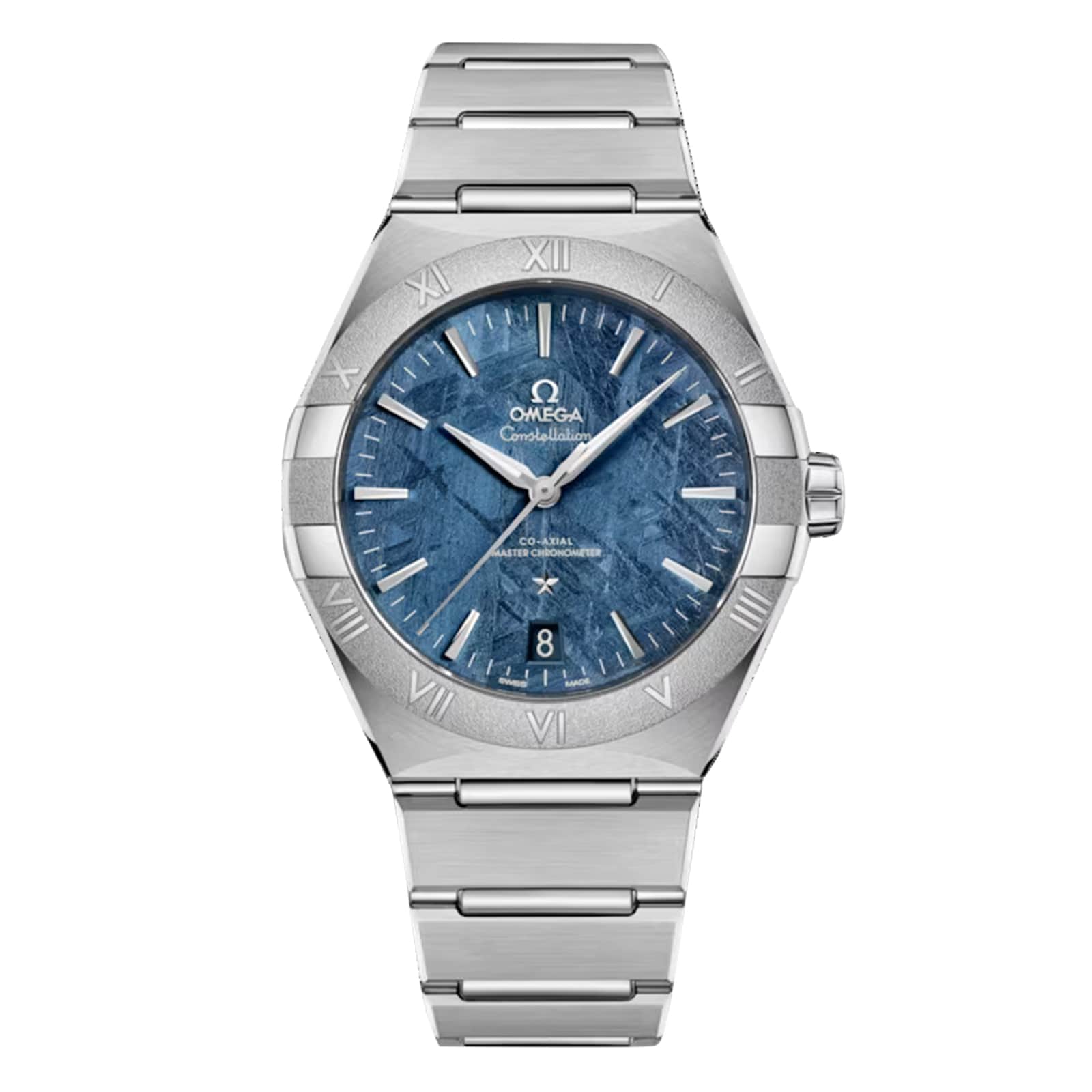 The OMEGA Constellation is a stainless steel wristwatch with a blue textured meteorite dial, silver hour markers, Roman numerals on the bezel, date display at 6 o’clock, and Co-Axial Master Chronometer Calibre 8900 movement.