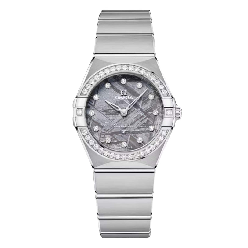 The OMEGA Constellation features a stainless steel bracelet, diamond-paved bezel, and gray meteorite-textured dial with diamond hour markers and the iconic Omega logo.
