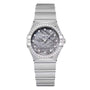 The OMEGA Constellation features a stainless steel bracelet, diamond-paved bezel, and gray meteorite-textured dial with diamond hour markers and the iconic Omega logo.