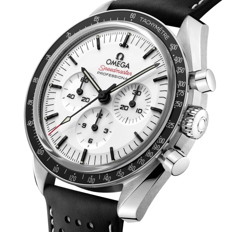 Close-up of an OMEGA Speedmaster Moonwatch Professional featuring a white dial, black tachymeter bezel, chronograph subdials, and a black perforated leather strap.