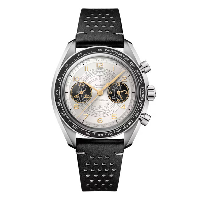 The OMEGA Speedmaster Chronoscope Paris 2024 Olympics is a silver chronograph wristwatch with a black tachymeter bezel, black dual subdials, gold accents, and a perforated black leather strap—crafted as a Master Chronometer.