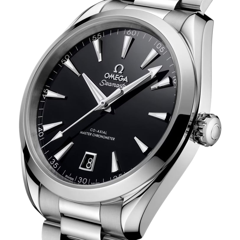 A close-up of an OMEGA Seamaster Aqua Terra 150M wristwatch with a black dial, silver hour markers, date display at 6 o’clock, stainless steel bracelet, and Co-Axial Master Chronometer movement for superior precision.