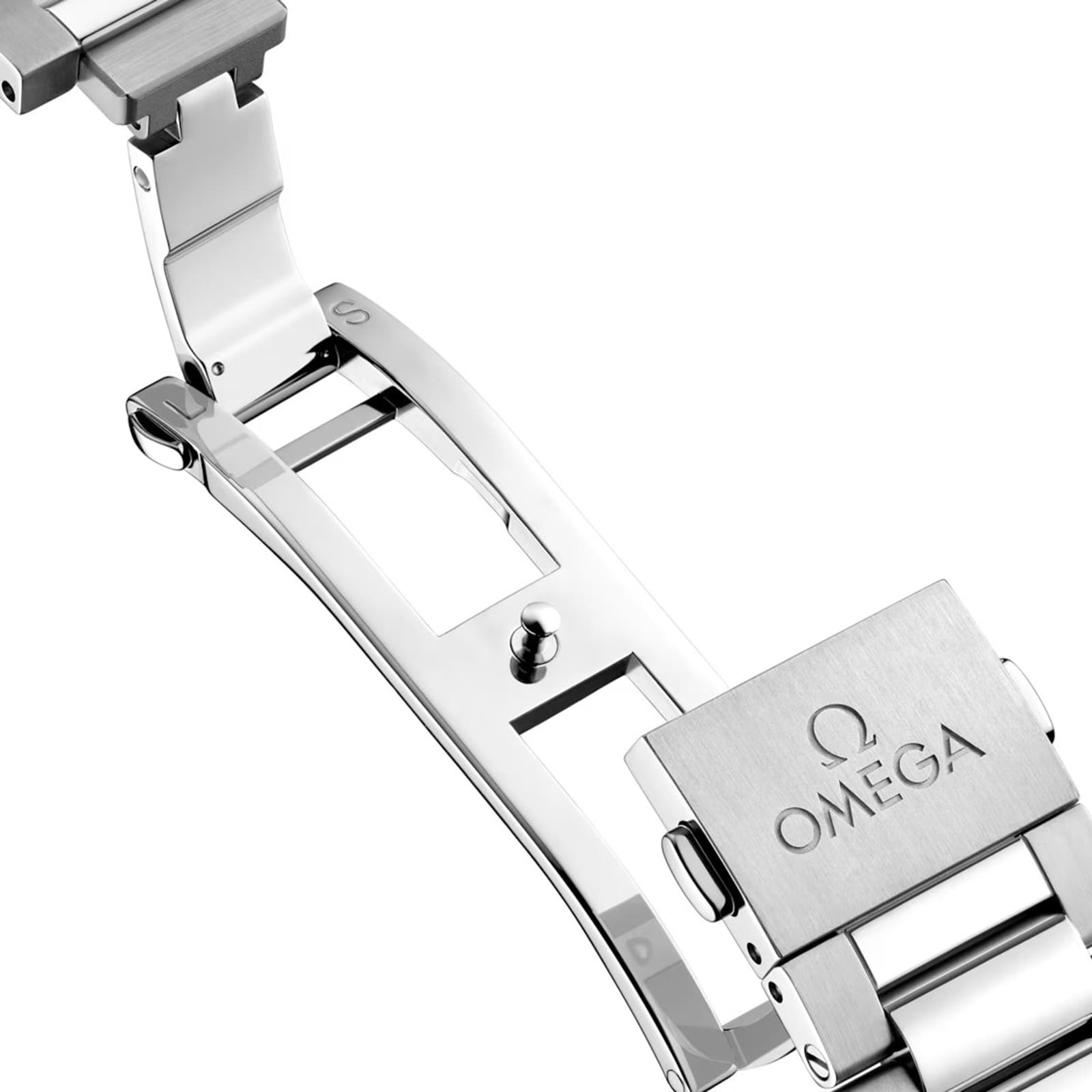 Close-up of a stainless steel OMEGA clasp, featuring the engraved logo and folding deployment of the Seamaster Aqua Terra 150M—a signature of OMEGA’s craftsmanship.