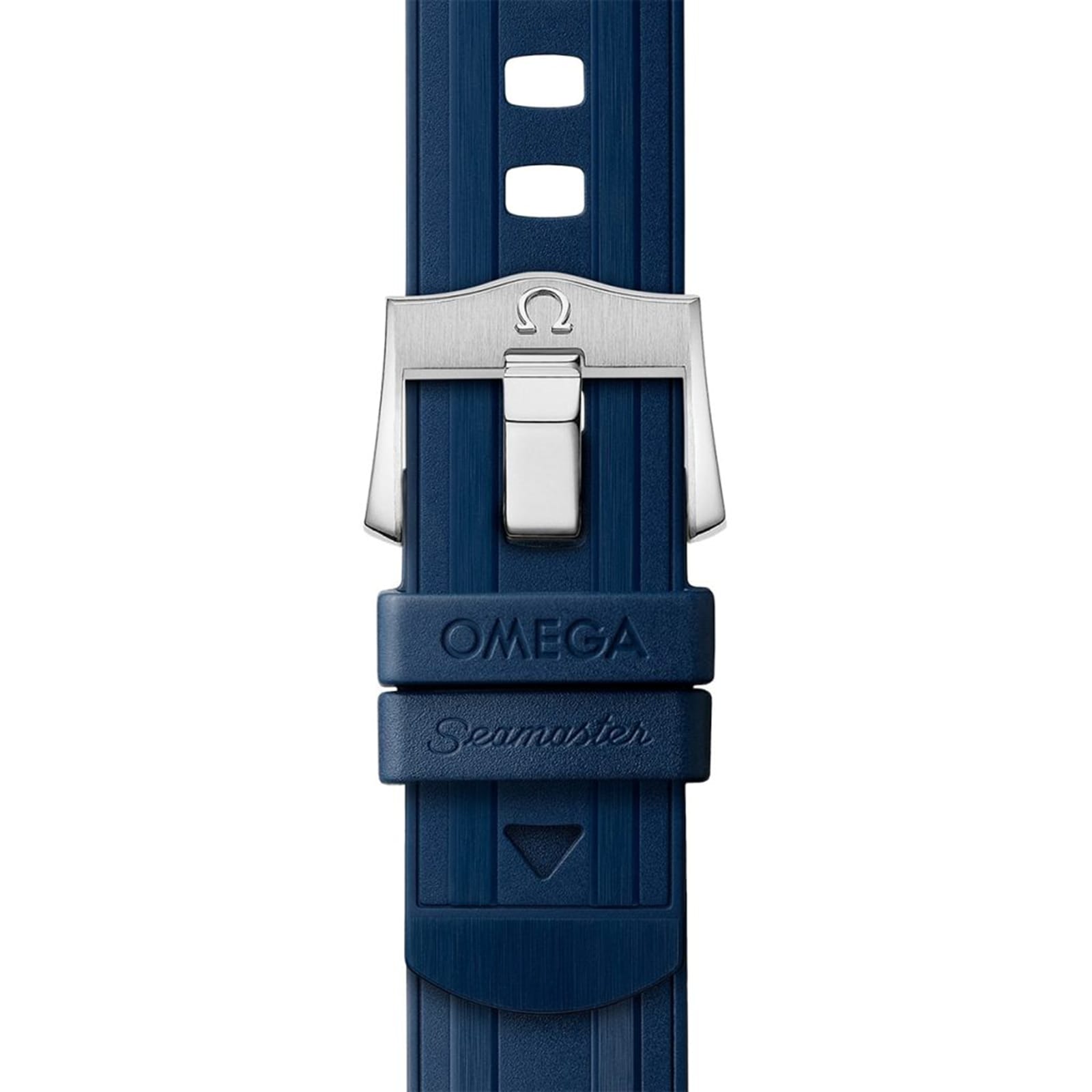 Close-up of a blue OMEGA Seamaster Diver Americas Cup 300M rubber strap with silver clasp featuring the logo, matched with the precision of the Co-Axial Master Chronometer Calibre 8806.