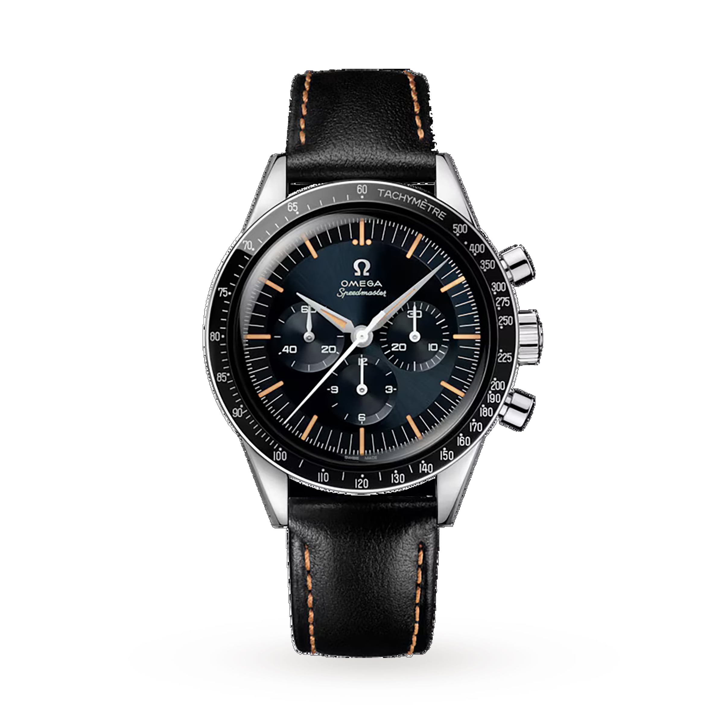 An OMEGA Speedmaster First OMEGA in Space watch with a black leather strap, silver case, black dial, three subdials, and tachymeter scale is displayed on a white background.