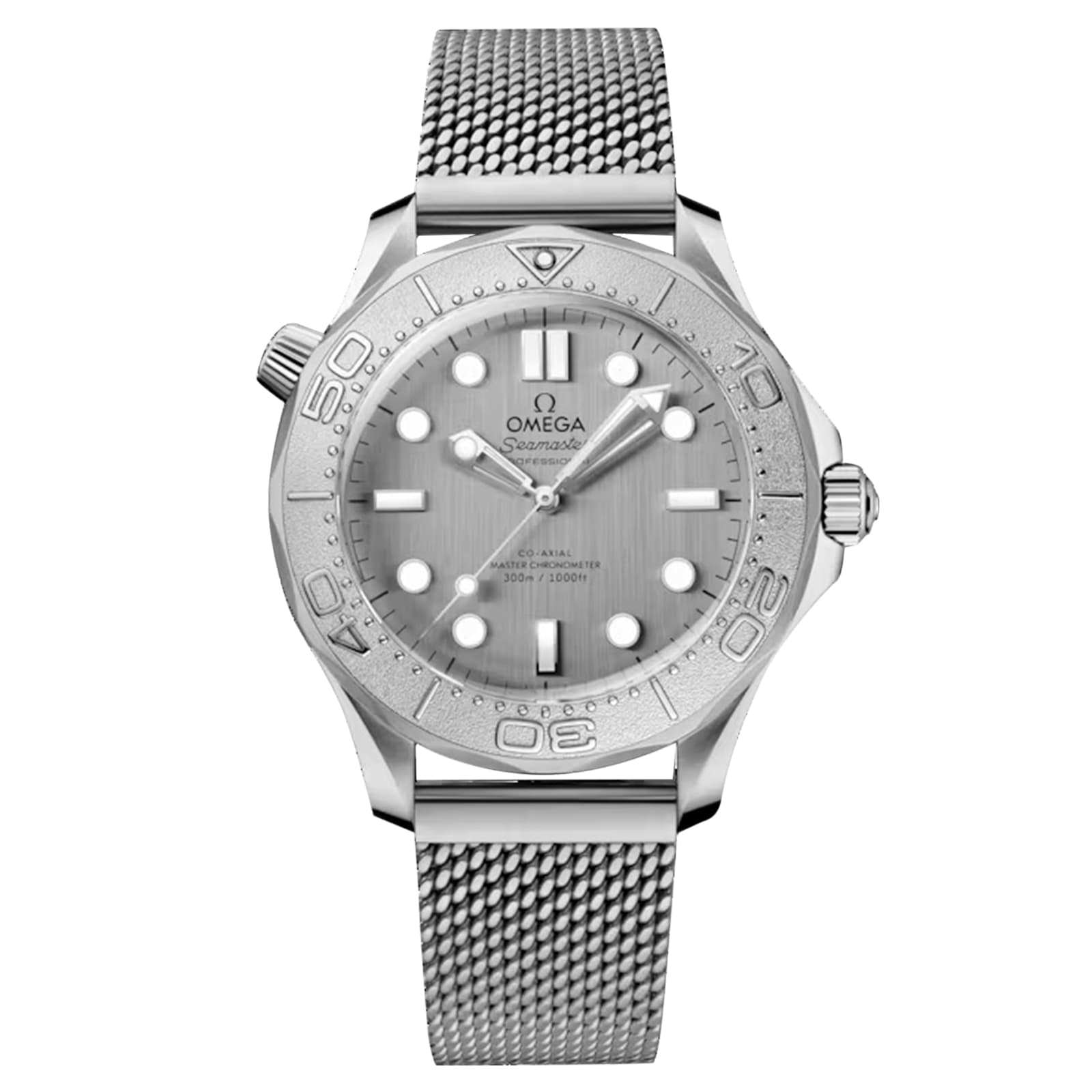The OMEGA Seamaster Diver 300M is a silver wristwatch with a stainless steel mesh strap, round case, rotating bezel, gray dial with dot markers and luminous hands. Powered by the OMEGA Co-Axial Master Chronometer movement.